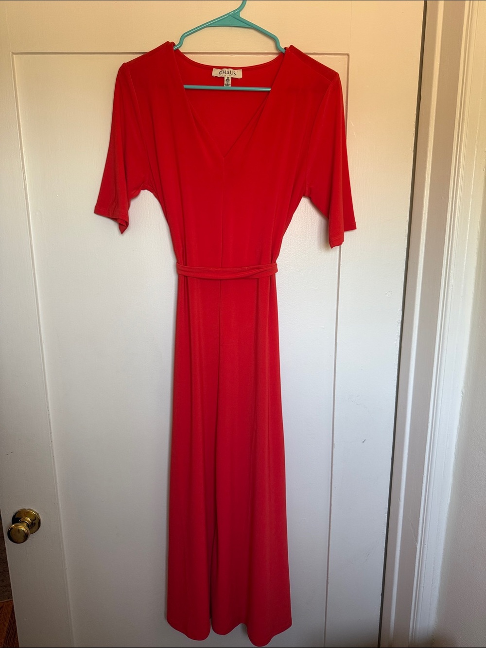 Chaus Bright Red Orange V-Neck Belted Maxi Dress
